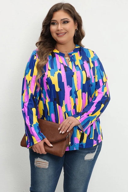 Blue Plus Size Brushstroke Print 3/4 Sleeve Blouse - Chic Meadow Boutique 