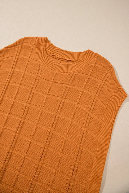 Chestnut Grid Textured Short Sleeve Sweater - Chic Meadow Boutique 