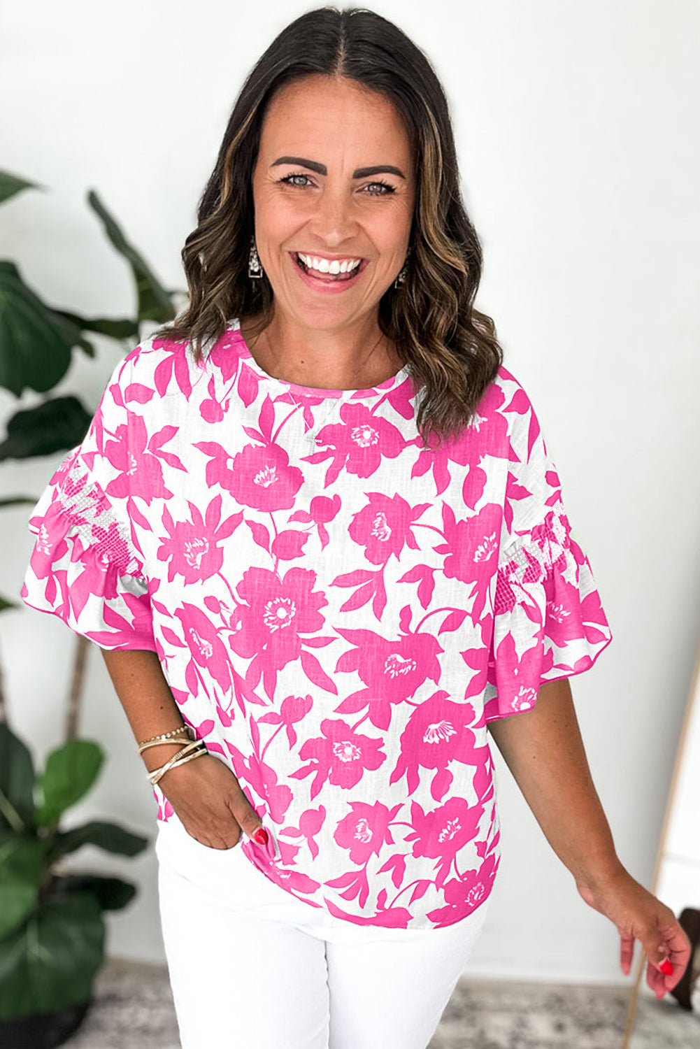 Pink Floral Printed Ruffled Short Sleeve Round Neck Loose Blouse