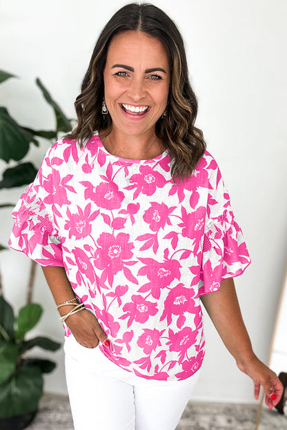 Pink Floral Printed Ruffled Short Sleeve Round Neck Loose Blouse