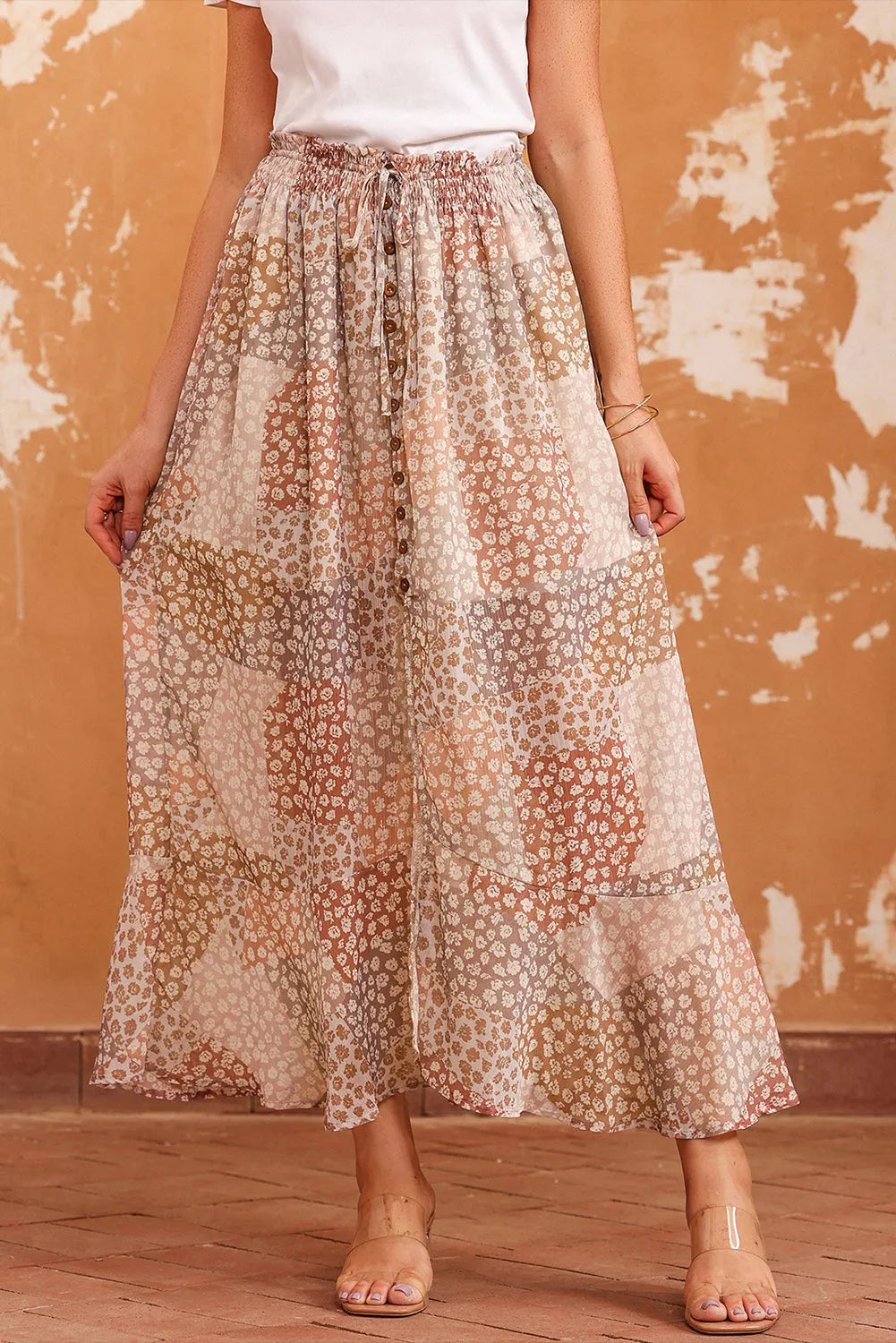 Apricot Boho Flower Print Smocked Waist Button Slit Maxi Skirt - Chic Meadow Boutique 