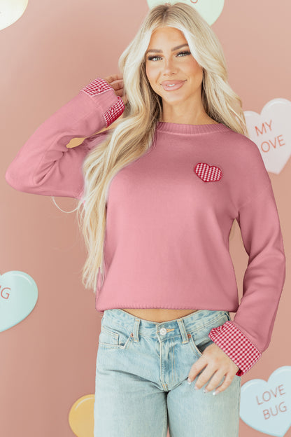 Light Pink Plaid Heart Embroidered Cuffed Drop Shoulder Crew Neck Sweater