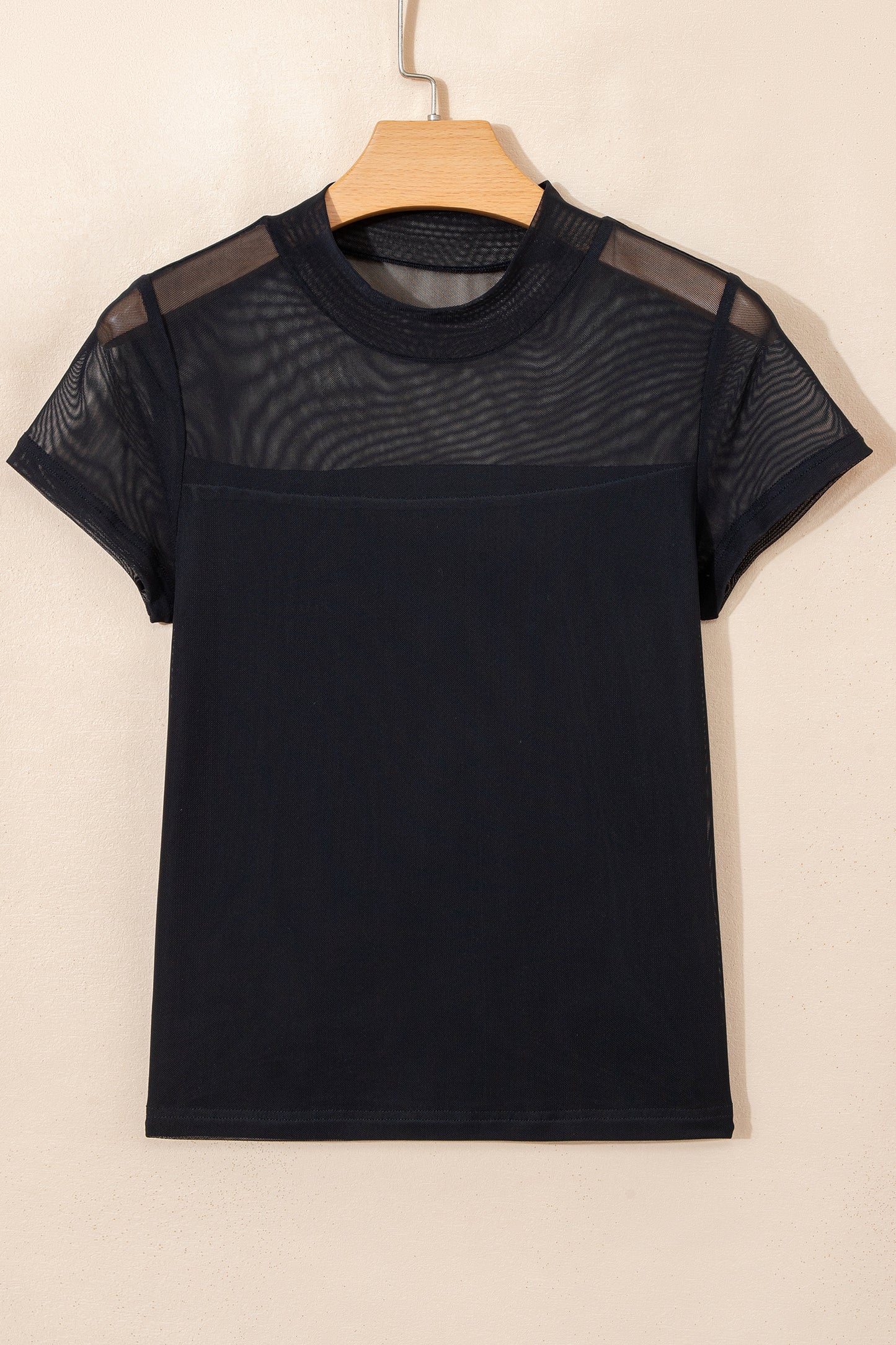 Black Sheer Mesh Patchwork Cap Sleeve T Shirt