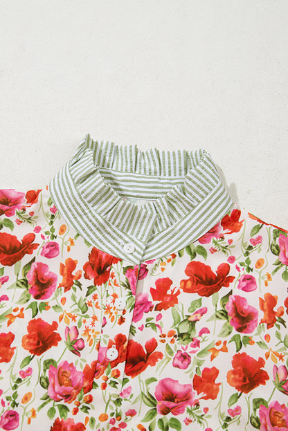 Red Floral Print Striped Patchwork Collared Short Sleeve Blouse
