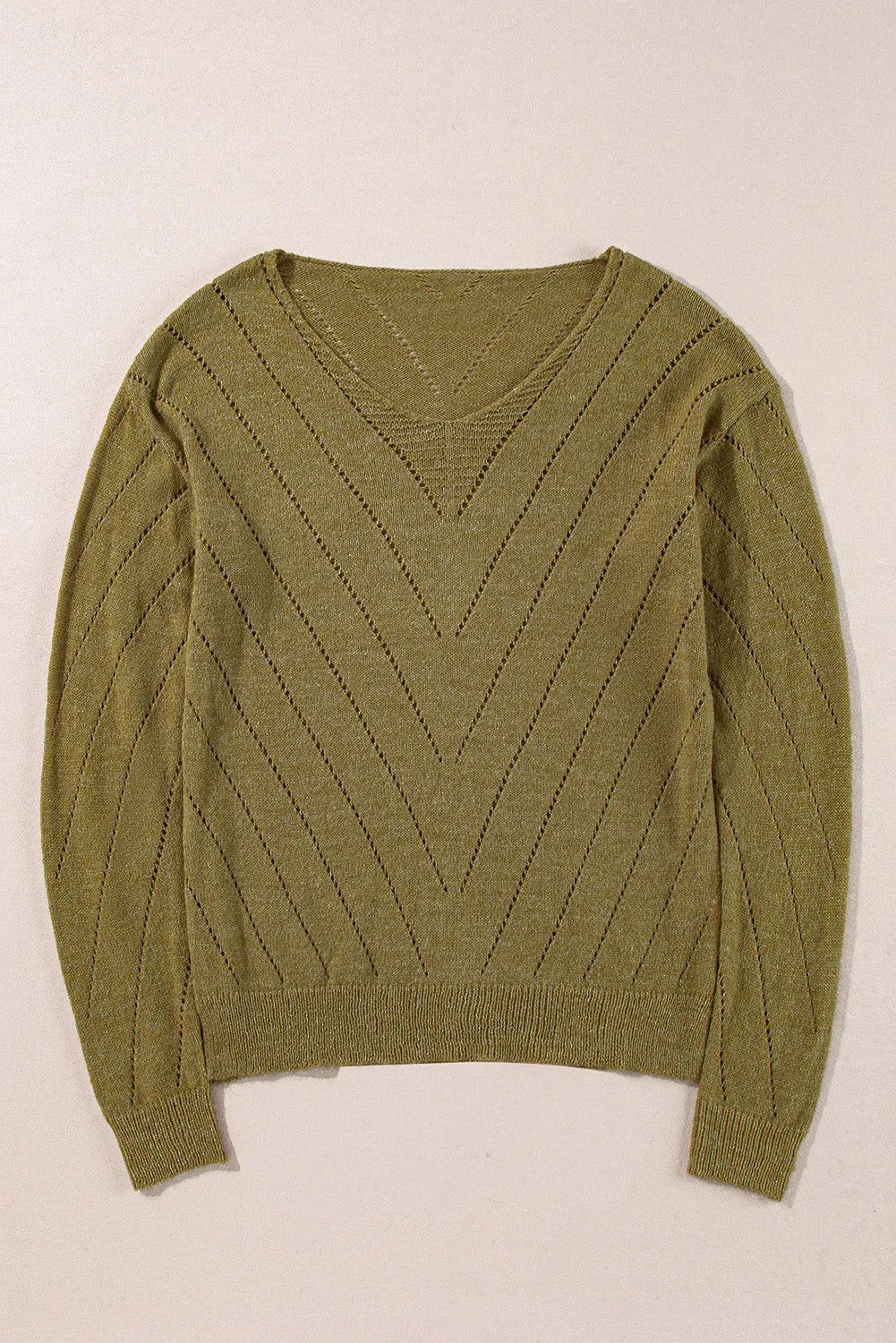 Sage Green Solid Eyelet Drop Shoulder V Neck Sweater - Chic Meadow Boutique 