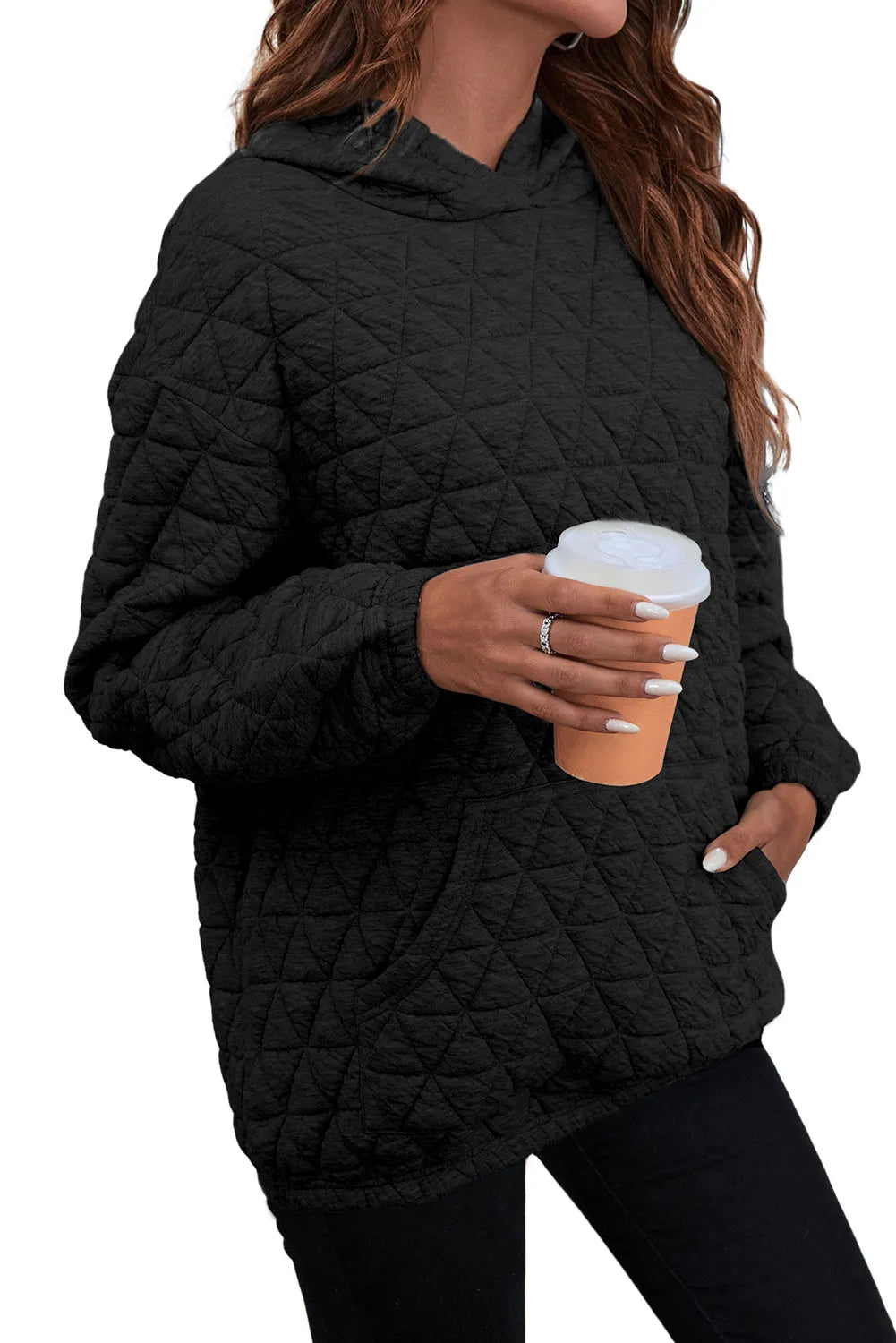 Black Solid Color Quilted Kangaroo Pocket Hoodie - Chic Meadow Boutique 