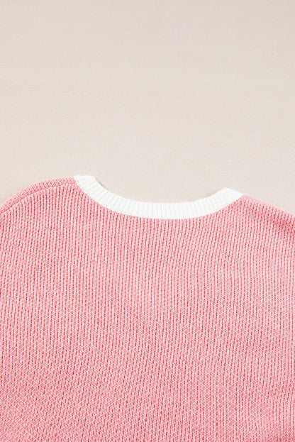 Pink Flower V Neck Dropped Shoulder Sweater - Chic Meadow Boutique 