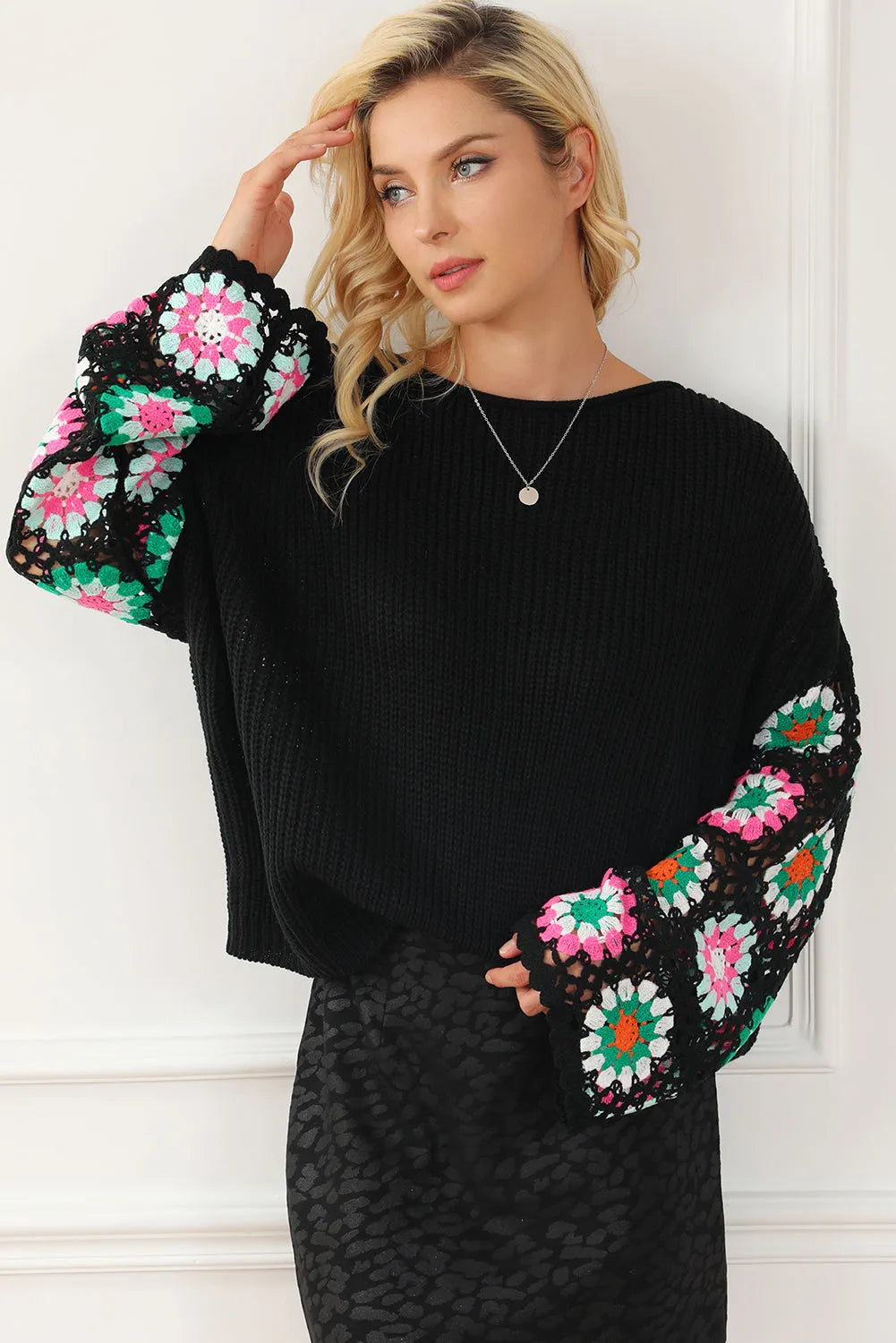 Black Floral Crochet Bell Sleeve Loose Sweater - Chic Meadow Boutique 