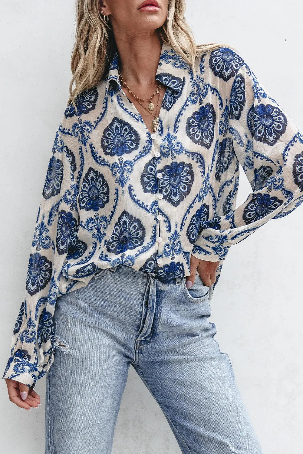 Blue Tribal Pattern Buttoned Front Loose Shirt - Chic Meadow Boutique 