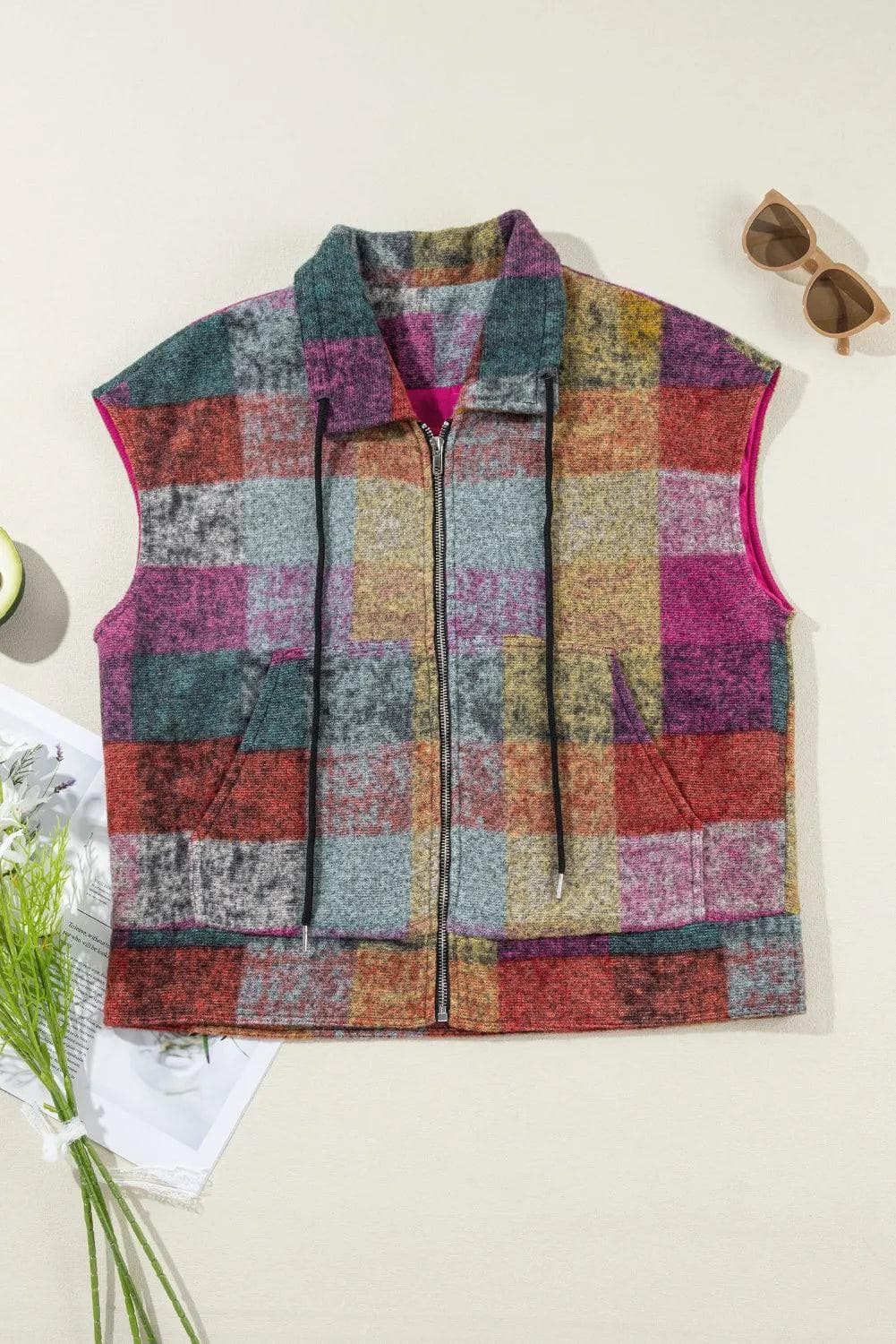 Outerwear/Vests Multicolor Plaid Print Side Pockets Zipped Loose Vest