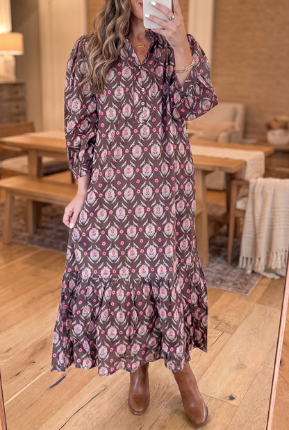 Brown Floral Print Button Front Ruffle Hem Midi Dress