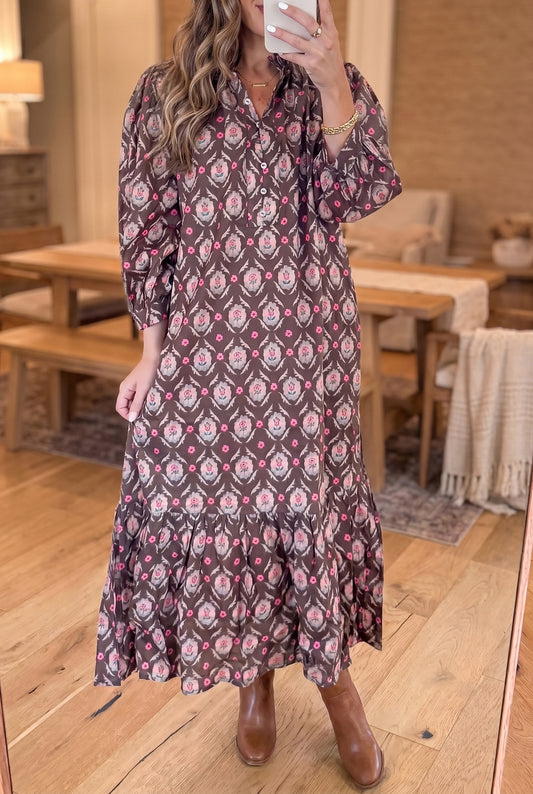 Brown Floral Print Button Front Ruffle Hem Midi Dress