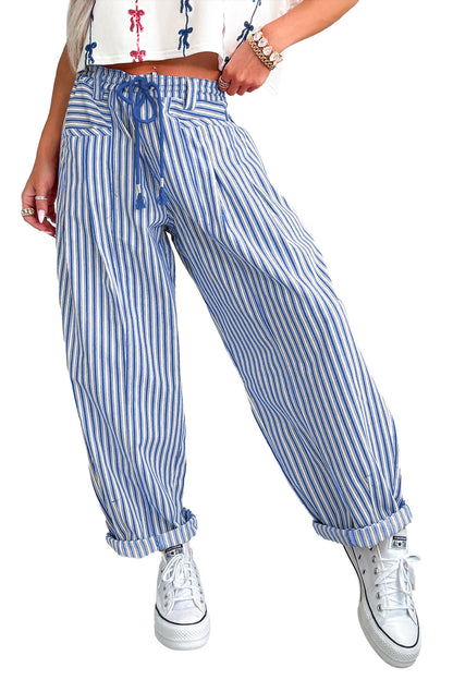 Blue Stripe Drawstring Casual Loose Pants