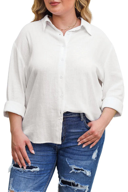 White Plus Size Linen Textured Button Up Shirt - Chic Meadow Boutique 