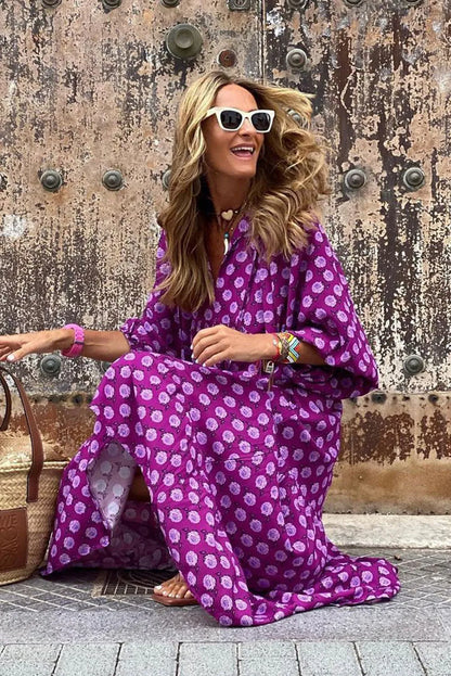 Purple Boho Printed Puff Sleeve Maxi Dress - Chic Meadow Boutique 