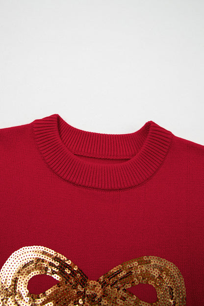 Fiery Red Sequined Bow Graphic Christmas Holiday Sweater