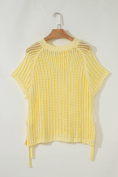 Yellow Cream Hollow-out Crochet Side Tied Short Sleeve Sweater