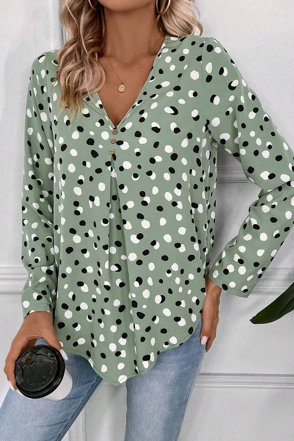 Green Polka Dot Print Button Front V Neck Blouse - Chic Meadow Boutique 