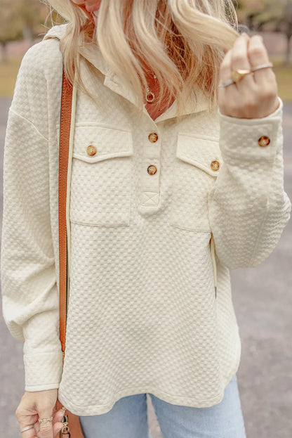 Apricot Textured Buttoned Neckline Side Pockets Hoodie - Chic Meadow Boutique 