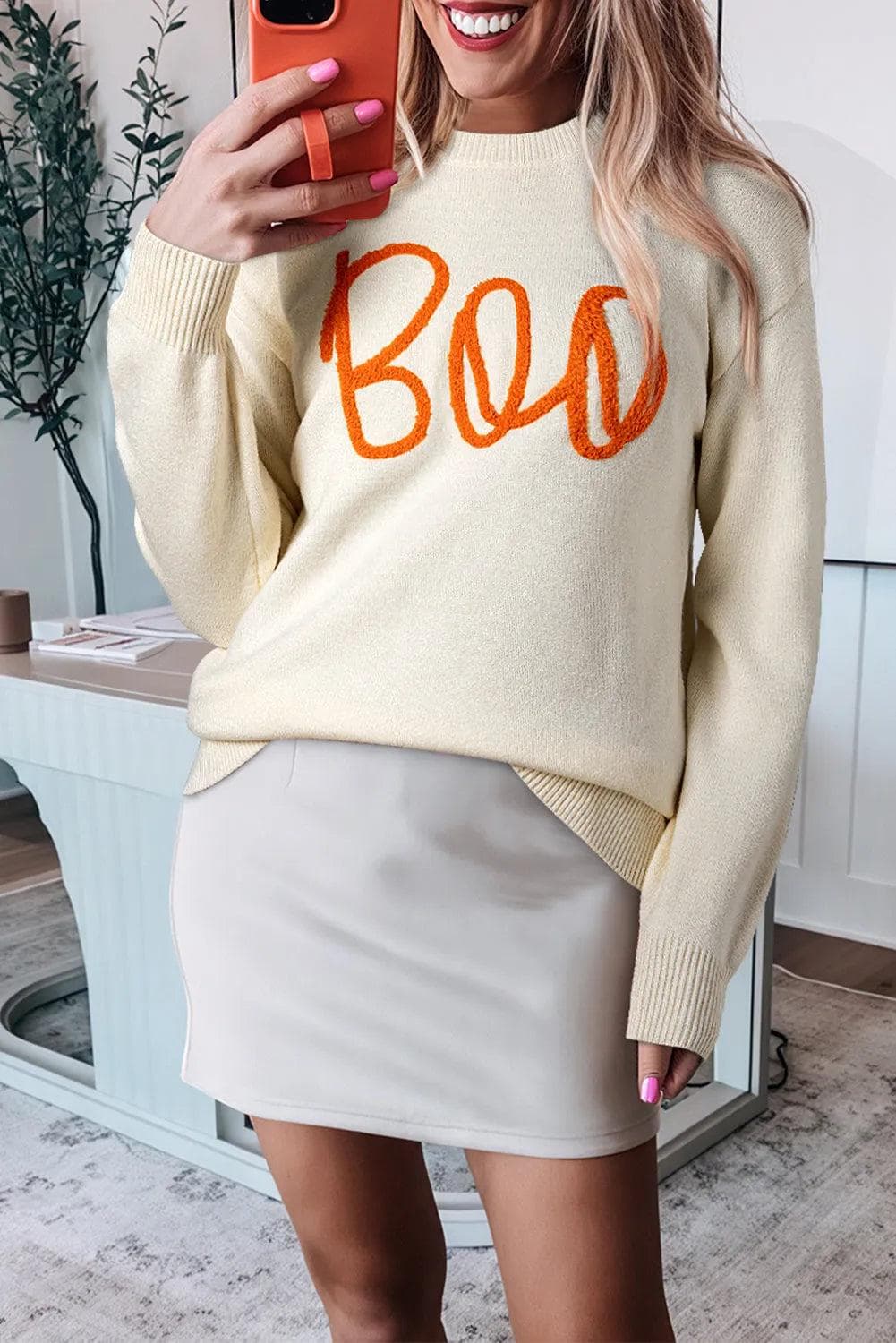 Sweaters & Cardigans/Sweaters Apricot / S / 50%Viscose+28%Polyester+22%Polyamide Apricot Boo Knitted Pattern Ribbed Edge Drop Shoulder Sweater