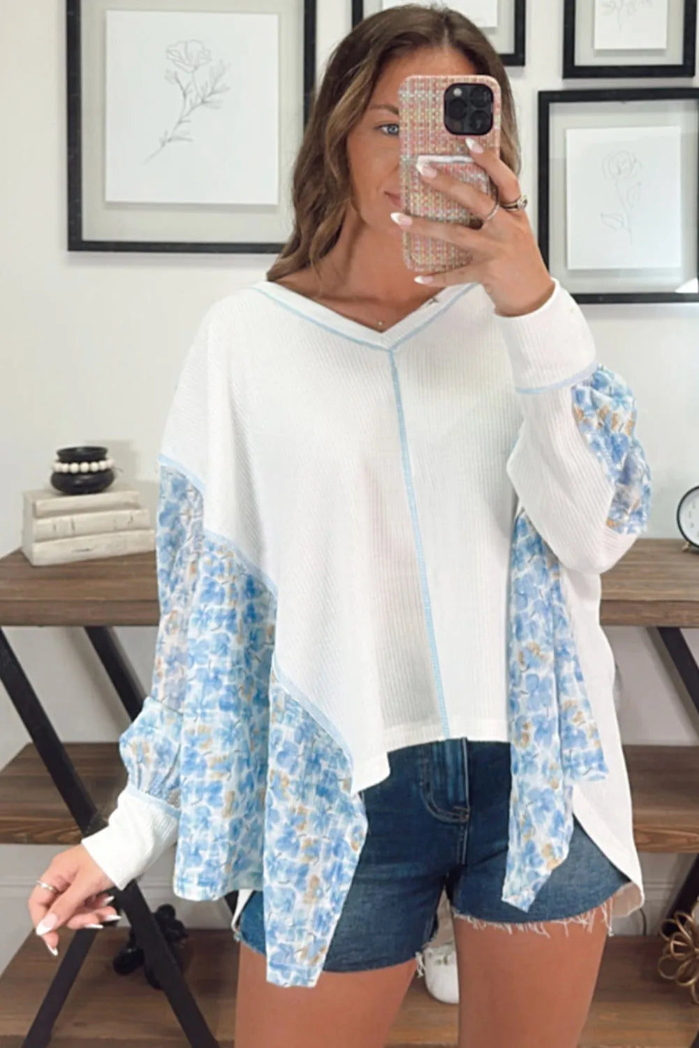 White Abstract Floral Patchwork Batwing Sleeve V Neck Blouse - Chic Meadow Boutique 