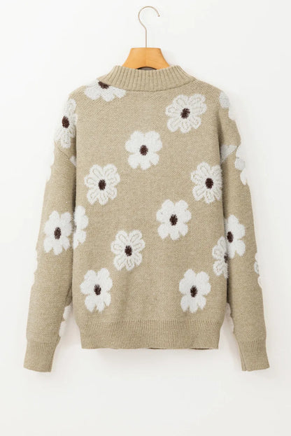 Khaki Floral Pattern Half Zip Drop Shoulder Sweater - Chic Meadow Boutique 