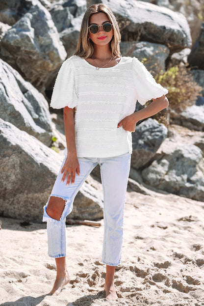 White Frilled Lace Trim Bubble Sleeve Blouse