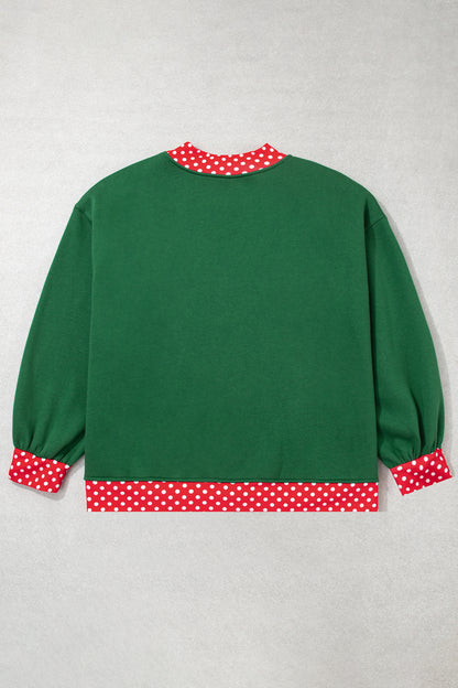 Dark Green Polka Dot Patchwork Round Neck Plus Size Sweatshirt