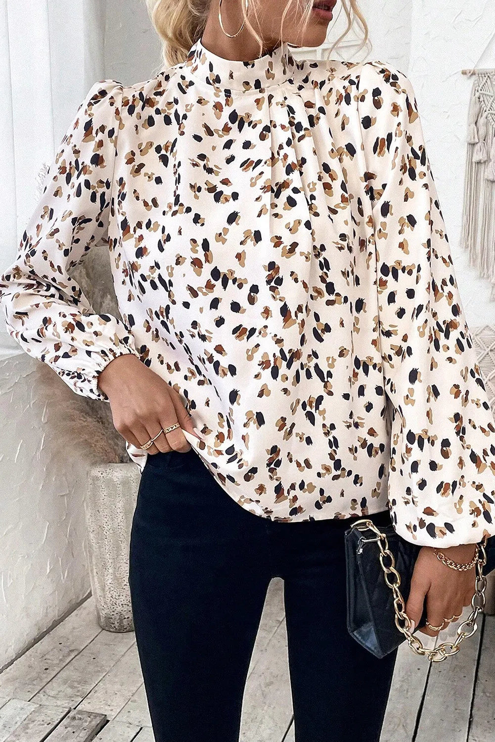 White Leopard Print Lantern Sleeve Mock Neck Pleated Blouse - Chic Meadow Boutique 