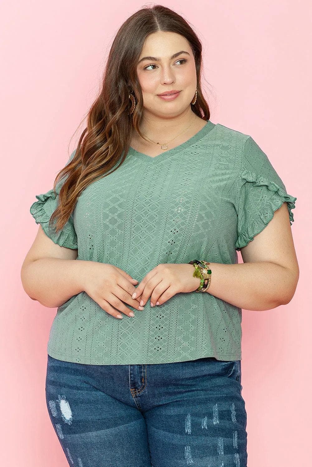 Plus Size/Plus Size Tops/Plus Size Blouses & Shirts Laurel Green Petal Sleeve Jacquard V Neck Curvy Blouse