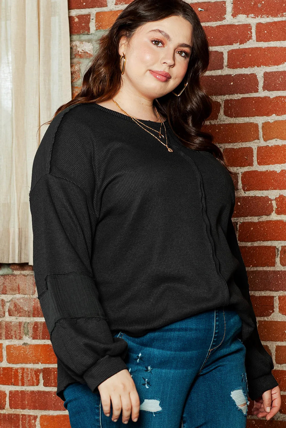 Black Plus Size Exposed Seam Crinkle Patchwork Top - Chic Meadow Boutique 