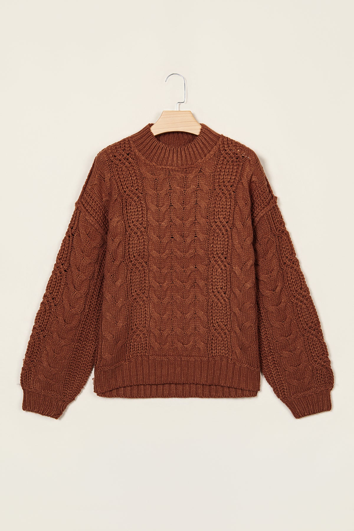 Coffee Solid Color Cable Knit High Neck Loose Pullover Sweater