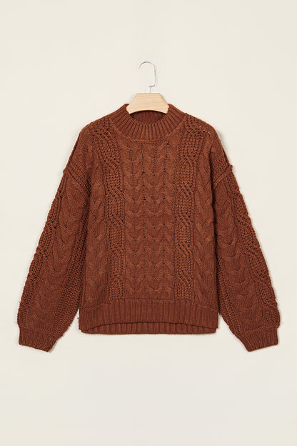 Coffee Solid Color Cable Knit High Neck Loose Pullover Sweater