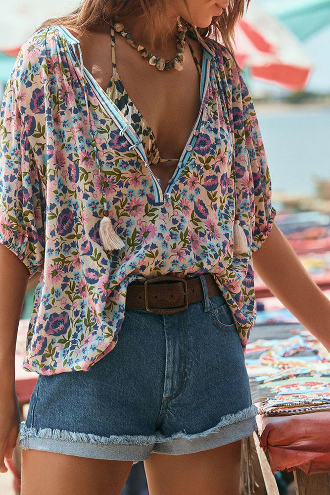 Multicolour Bohemian Floral V Neck Loose Half Sleeve Blouse