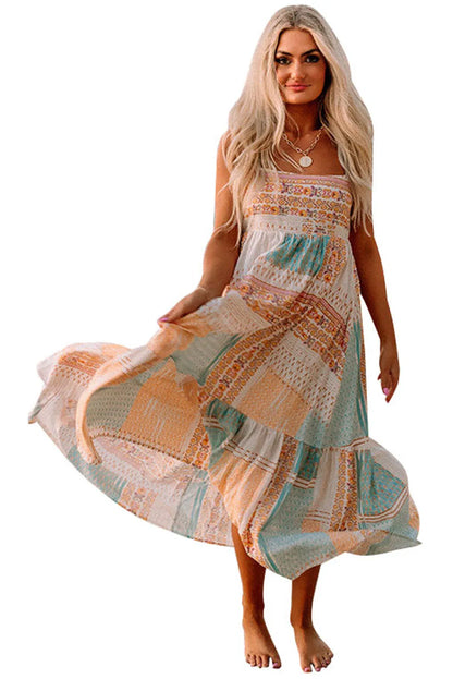 Multicolor Boho Patchwork Print Square Neck Sundress - Chic Meadow Boutique 