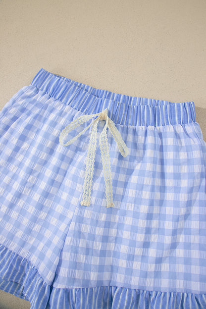Sky Blue Gingham Print Ruffle Striped Detail Lace Tie Shorts