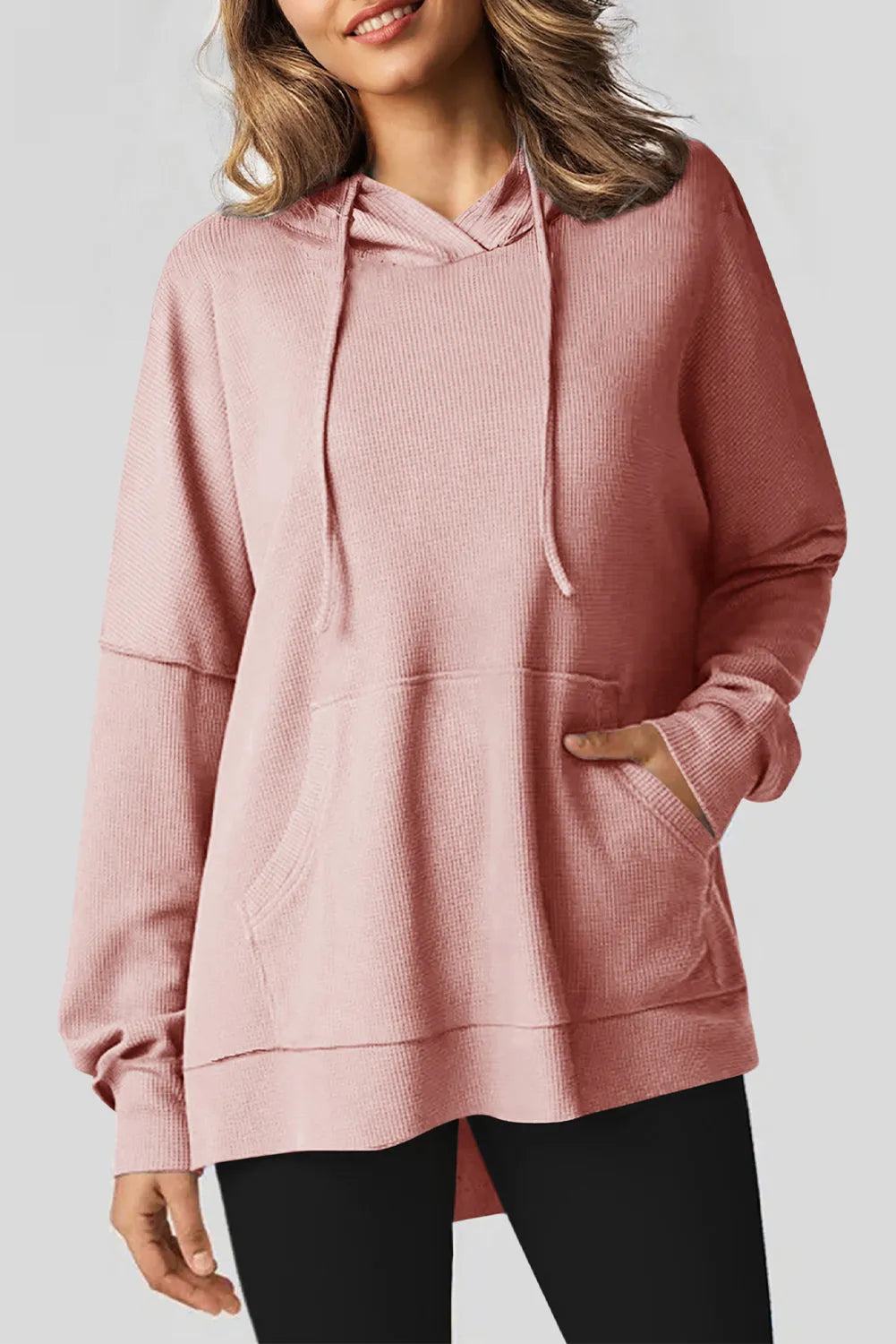 Light Pink Waffle Knit Fleece Lined High Low Oversized Hoodie - Chic Meadow Boutique 