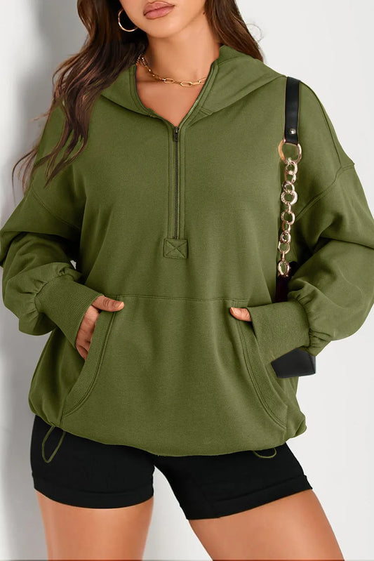 Moss Green Solid Kangaroo Pocket Half Zipper Oversized Hoodie - Chic Meadow Boutique 