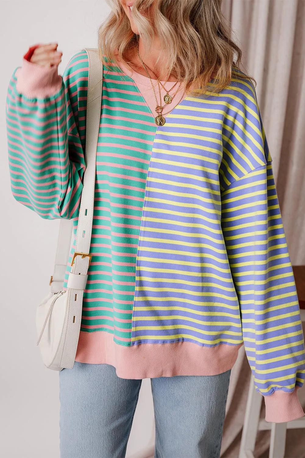 Casual Stripe Colorblock Drop Shoulder Oversize Sweatshirt - Chic Meadow Boutique 