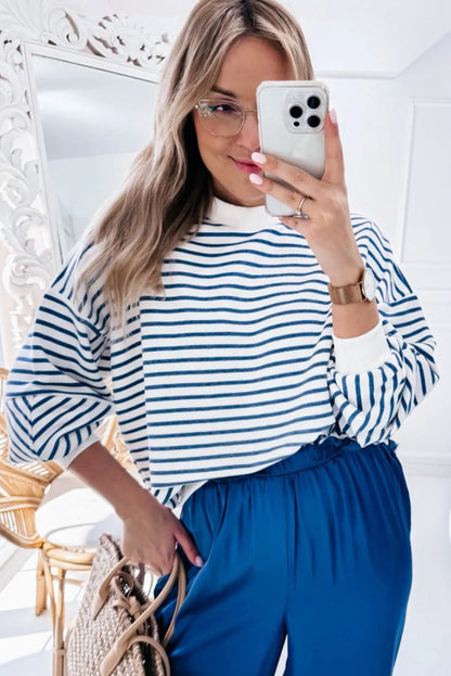 Blue Stripe Drop Shoulder Crew Neck Loose Sweatshirt - Chic Meadow Boutique 