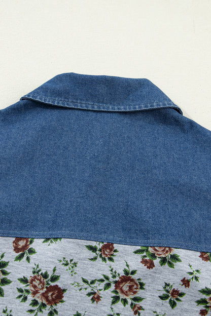 Gray Retro Floral Print Denim Patchwork Buttoned Polo Collar Top
