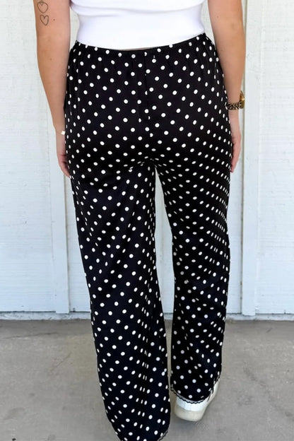 Black Polka Dot Print Elastic Waist Lace Hem Loose Pants