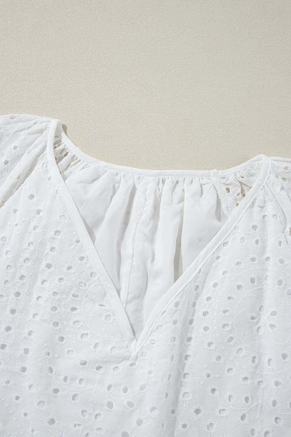 White Eyelet Embroidered V Neck Puff Sleeve Blouse - Chic Meadow Boutique 