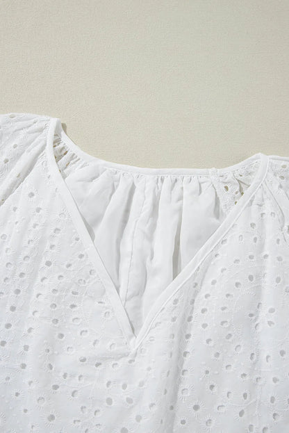 White Eyelet Embroidered V Neck Puff Sleeve Blouse - Chic Meadow Boutique 