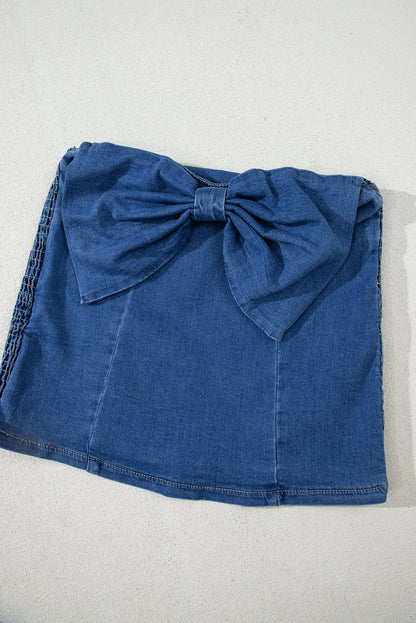 Sail Blue Vintage Bow Front Smocked Back Denim Tube Top