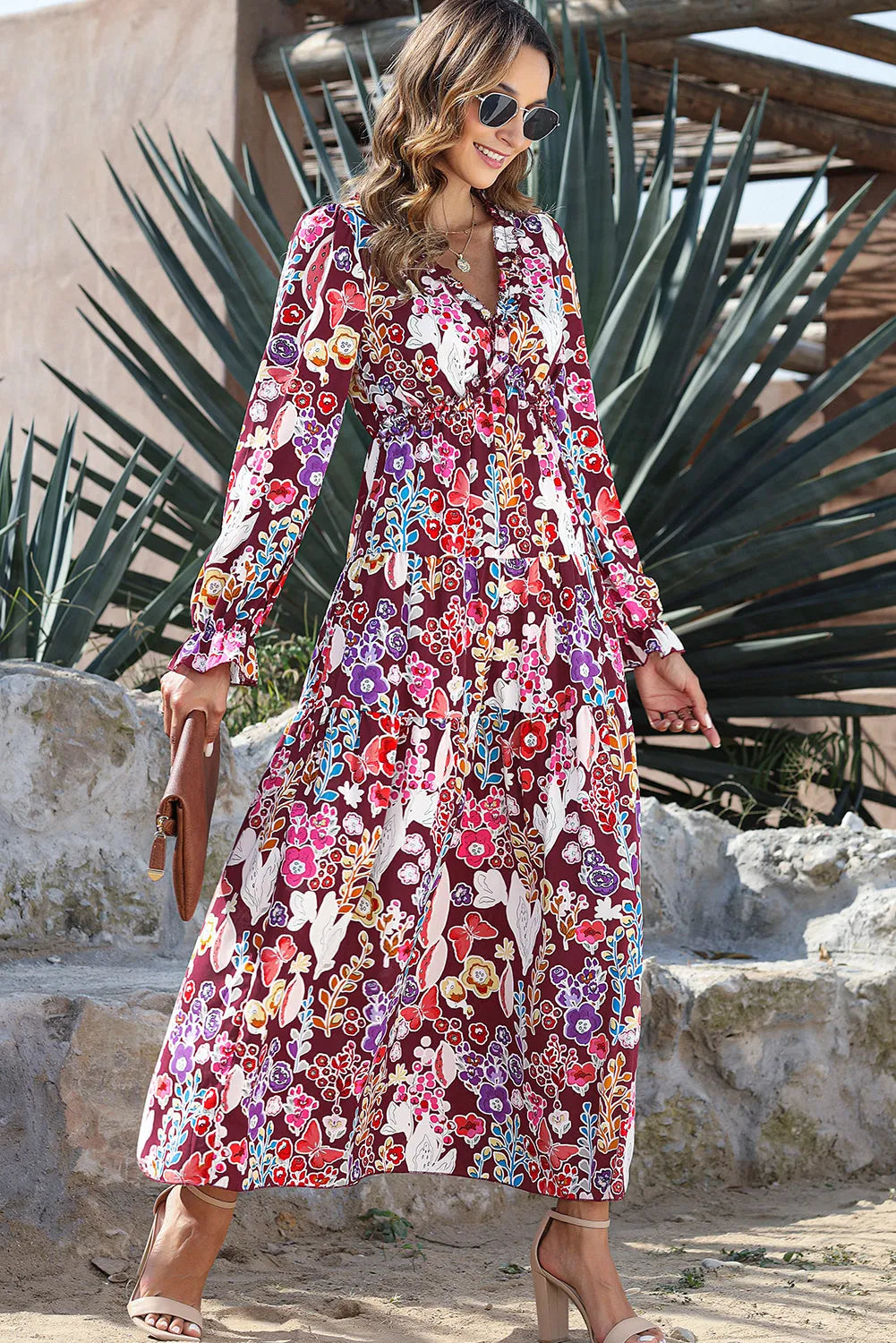 Violet V Neck Floral Print Empire Waist Maxi Dress - Chic Meadow Boutique 