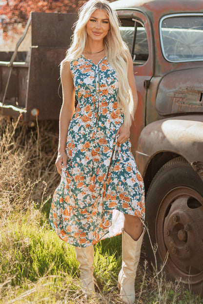 Green Floral Print Trimmed V Neck Tie Waist Sleeveless Holiday Long Dress