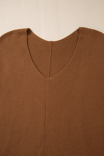 Camel Ribbed Knit Drop Sleeve V Neck Loose Fit Sweater - Chic Meadow Boutique 