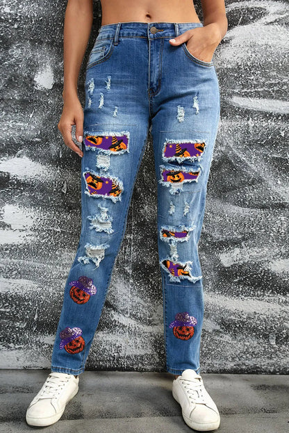 Sky Blue Sequin Pumpkin Patched Distressed Straight Leg Jeans - Chic Meadow Boutique 