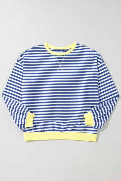 Blue Stripe Oversized Contrast Trim Pullover Sweatshirt - Chic Meadow Boutique 